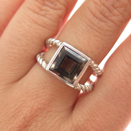 IROSE 925 Sterling Silver Vintage Real Smoky Quartz 2-Row Ring Size 9