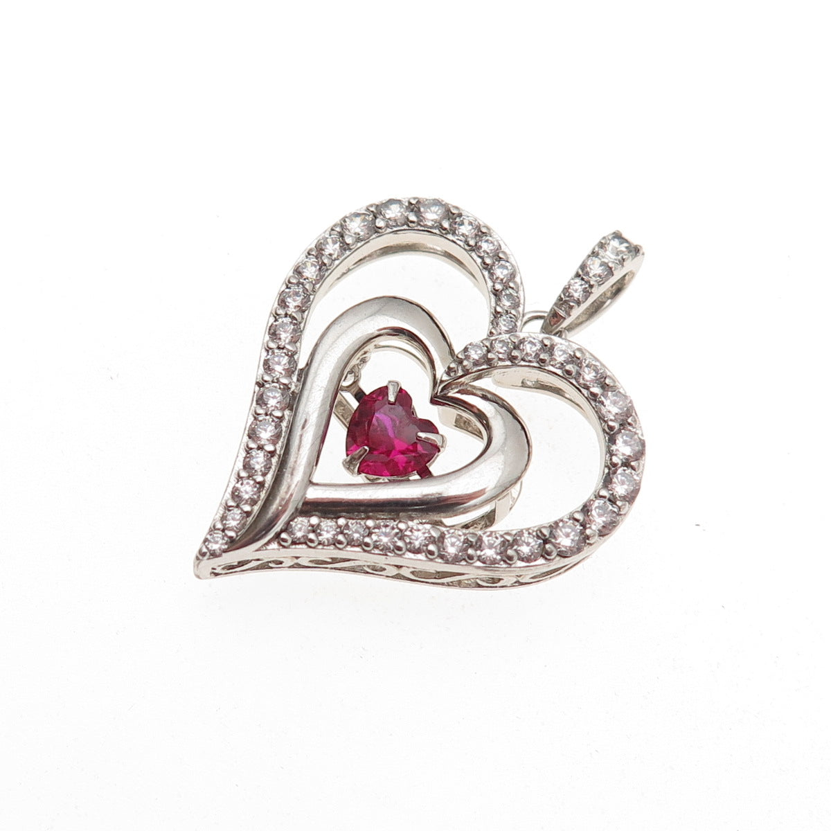 SUN 925 Sterling Silver Lab-Created Ruby & C Z Heart Charm Pendant