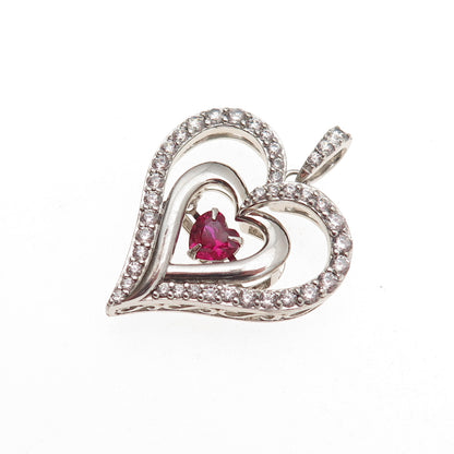 SUN 925 Sterling Silver Lab-Created Ruby & C Z Heart Charm Pendant