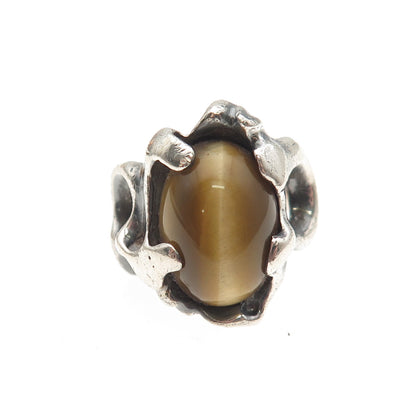 925 Sterling Silver Vintage Real Tiger Eye Modernist Oxidized Ring Size 3