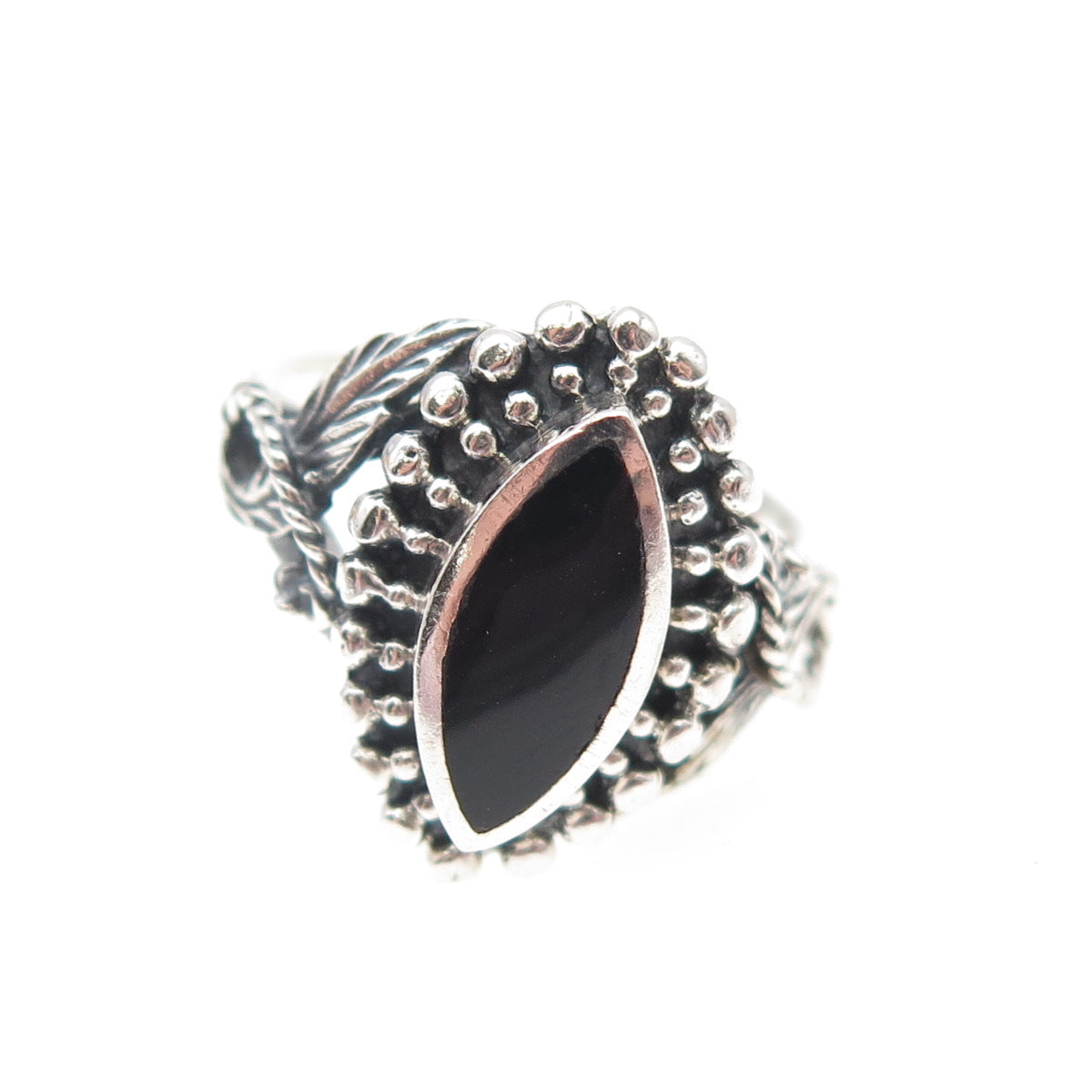 925 Sterling Silver Vintage Real Black Onyx Feather Beaded Oxidized Ring Size 7
