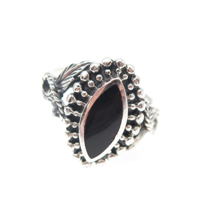 925 Sterling Silver Vintage Real Black Onyx Feather Beaded Oxidized Ring Size 7