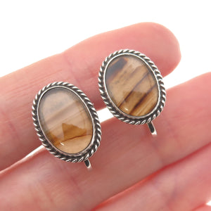 925 Sterling Silver Vintage Real Agate Oxidized Screw Back Earrings