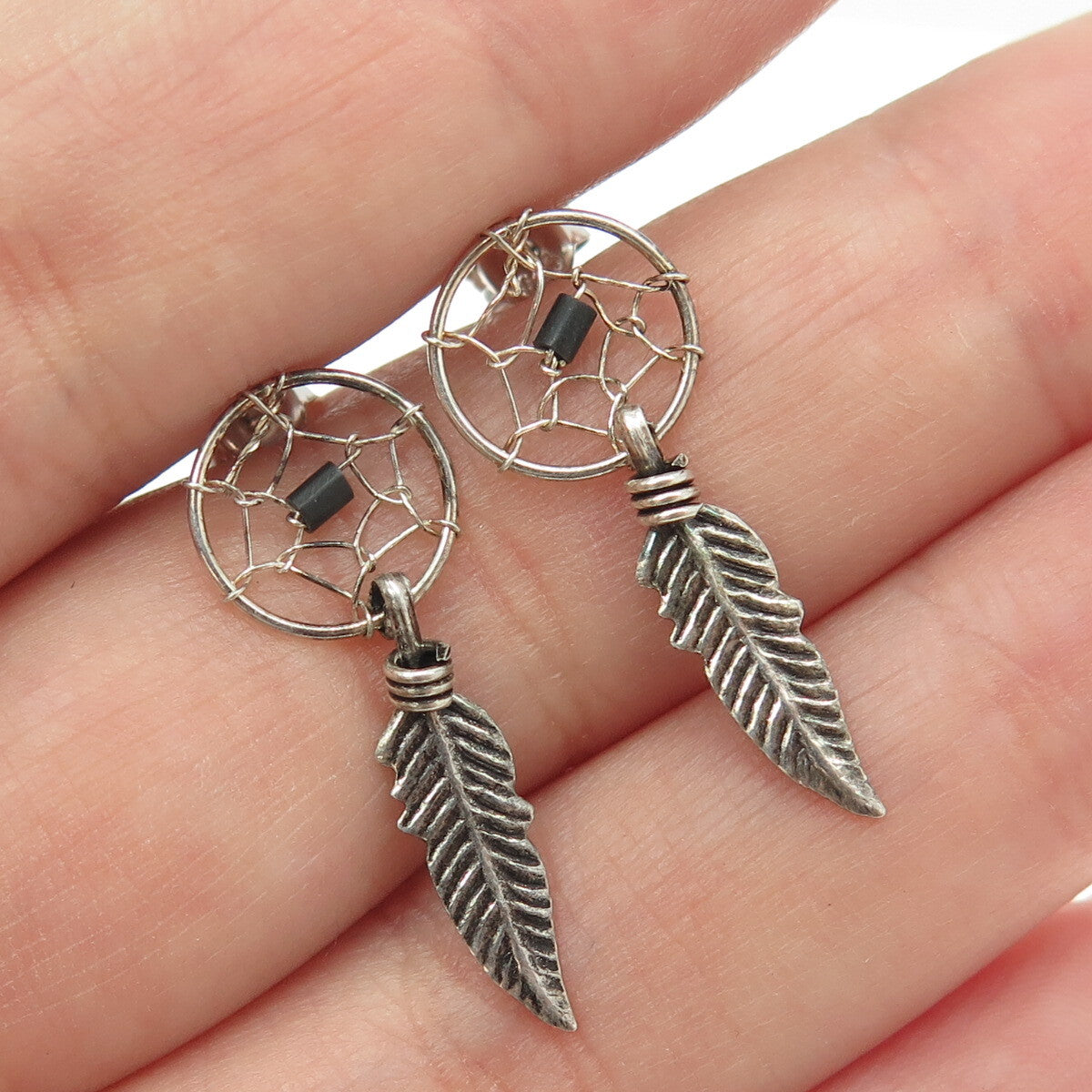925 Sterling Silver Vintage Southwestern Real Black Onyx Dreamcatcher Earrings