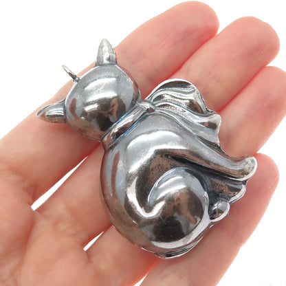 925 Sterling Silver Vintage Cat Modernist Oxidized Puffy Pendant