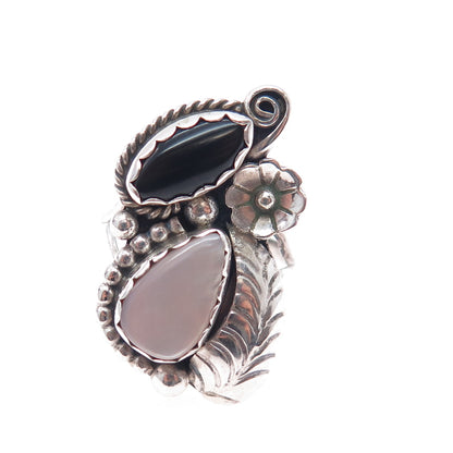 Old Pawn Sterling Silver Vintage Black Onyx & MOP Feather Tribal Ring Size 7.75