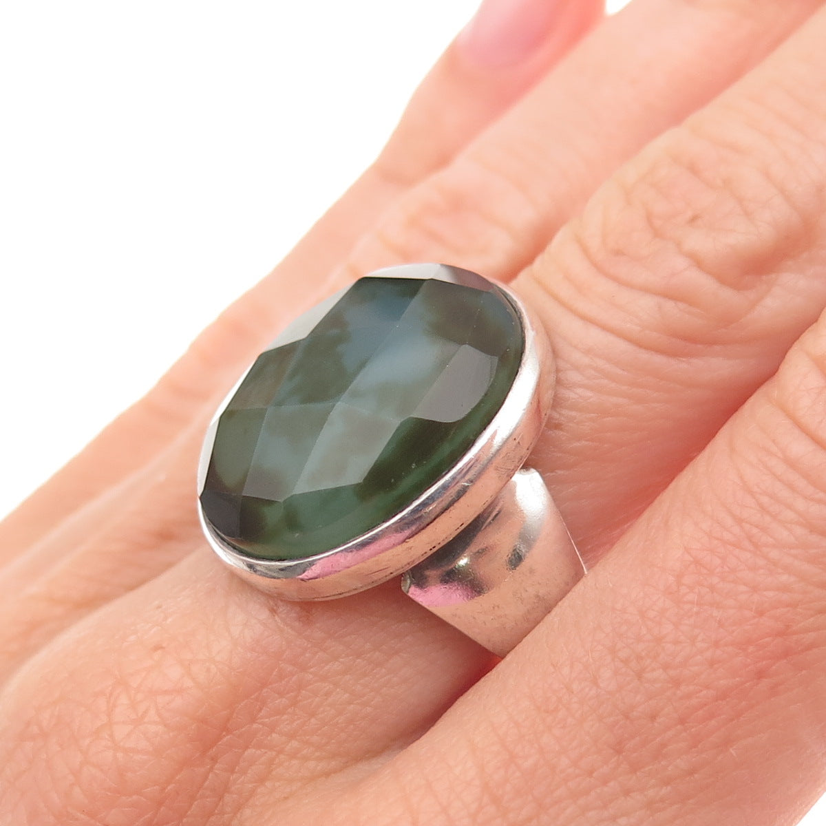 925 Sterling Silver Vintage Real Agate Modernist Statement Ring Size 7.75