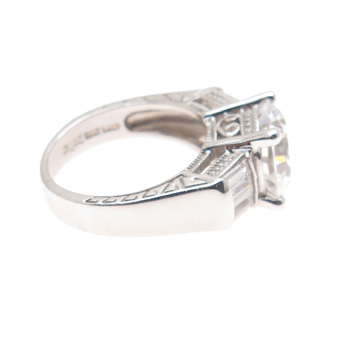 GSJ GOLD STONE 925 Sterling Round & Baguette-Cut C Z Engagement Ring Size 7.25