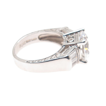 GSJ GOLD STONE 925 Sterling Round & Baguette-Cut C Z Engagement Ring Size 7.25