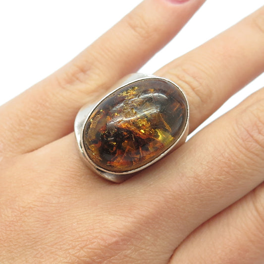 925 Sterling Silver Vintage Real Amber Domed Ring Size 6.75