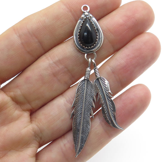 Old Pawn 925 Sterling Silver Southwestern Real Black Onyx Feather Tribal Pendant