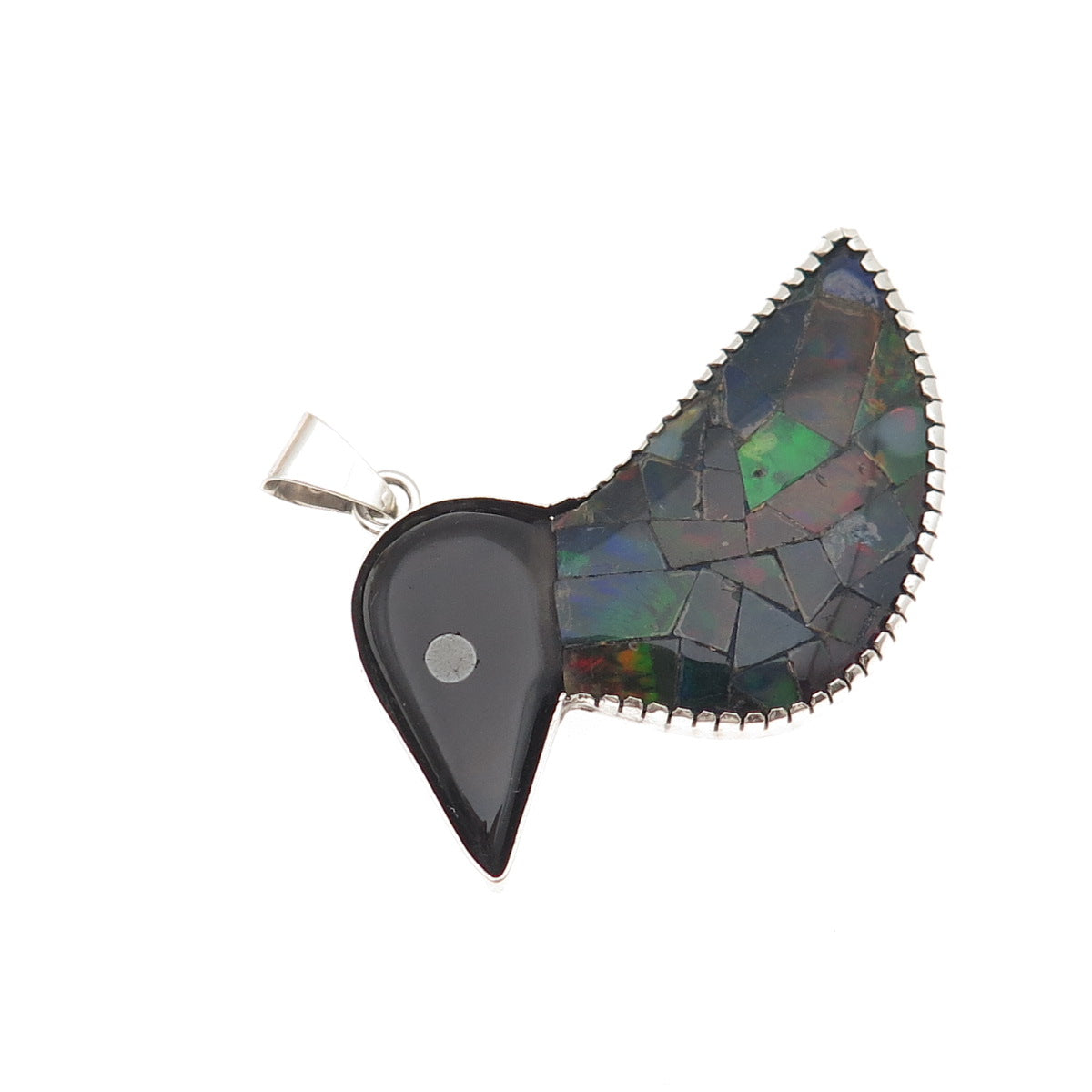 925 Sterling Silver Vintage Real Black Onyx & Opal Inlay Modernist Bird Pendant