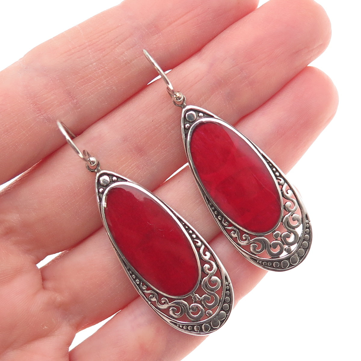 Samuel Benham 925 Sterling Silver Vintage Real Jasper Ornate Teardrop Earrings