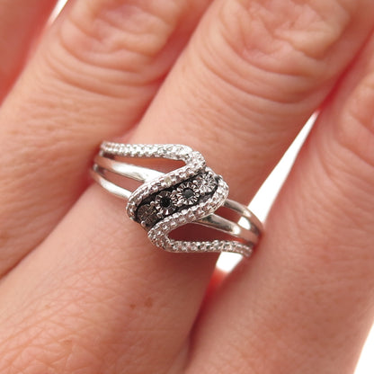 Jane Seymour 925 Sterling Silver Real Black & White Diamond Wavy Ring Size 7