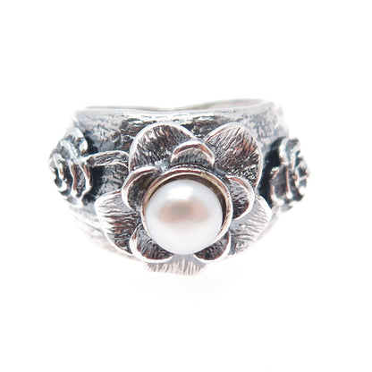 REGINA LANE 925 Sterling Silver Vintage Israel Real Pearl Flower Ring Size 7.5