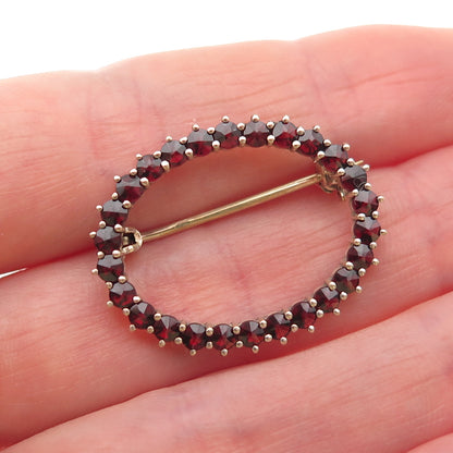 900 Silver Gold Plated Vintage Real Bohemian Garnet Oval Circle Pin Brooch