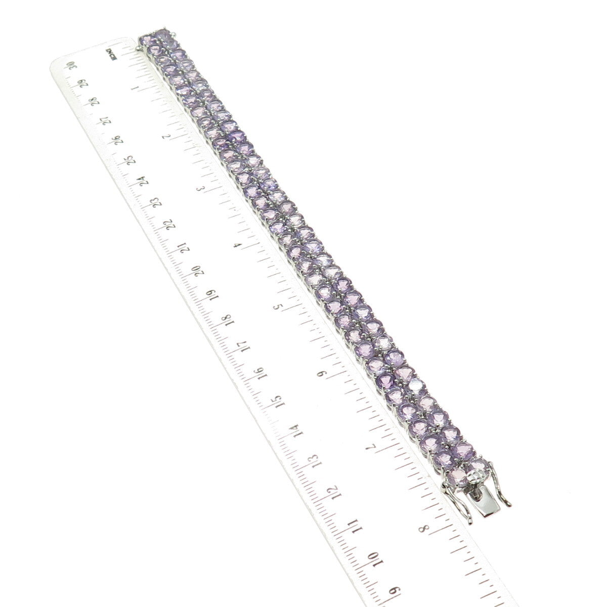 925 Sterling Silver Round-Cut Amethyst Gem 2-Row Tennis Link Bracelet 7.5"