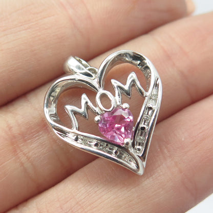 SUN 925 Sterling Silver Real Round Diamond & Pink Sapphire "MOM" Heart Pendant