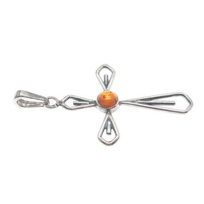 925 Sterling Silver Vintage Real Amber Cross Oxidized Charm Pendant