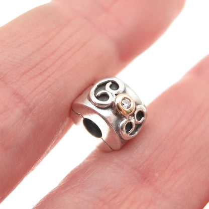 PANDORA 925 Sterling Silver Gold Real Diamond Double Heart Clip Bead Charm