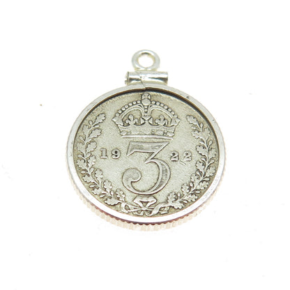 925 Sterling Silver Antique 1922 "3 Pence King George V" Coin Pendant