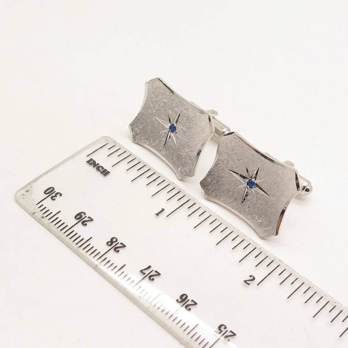 925 Sterling Silver Vintage JML USA Blue C Z Satin Finish Rectangle Cufflinks