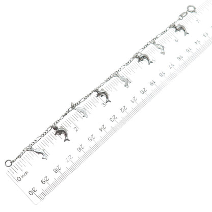 925 Sterling Silver Italy Dolphin Charms Figaro Link Bracelet 7"