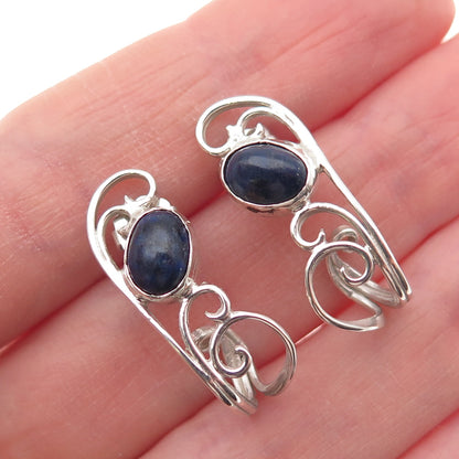 925 Sterling Silver Vintage Real Sodalite Modernist Ornate Claw Earrings