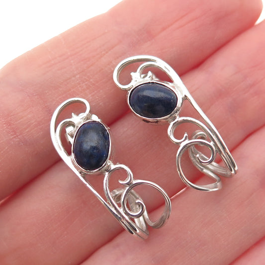 925 Sterling Silver Vintage Real Sodalite Modernist Ornate Claw Earrings