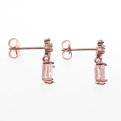 925 Sterling Silver Rose Gold Plated Radiant & Round-Cut C Z Dangle Earrings