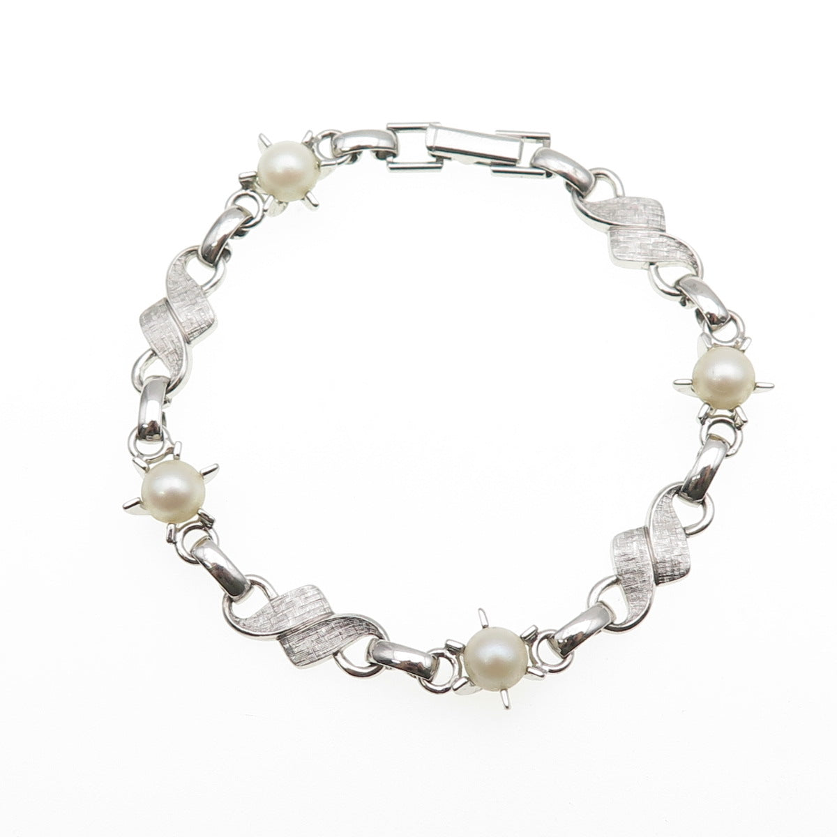 LAMODE 925 Sterling Silver Antique Art Deco Real Pearl Bracelet 6.75"