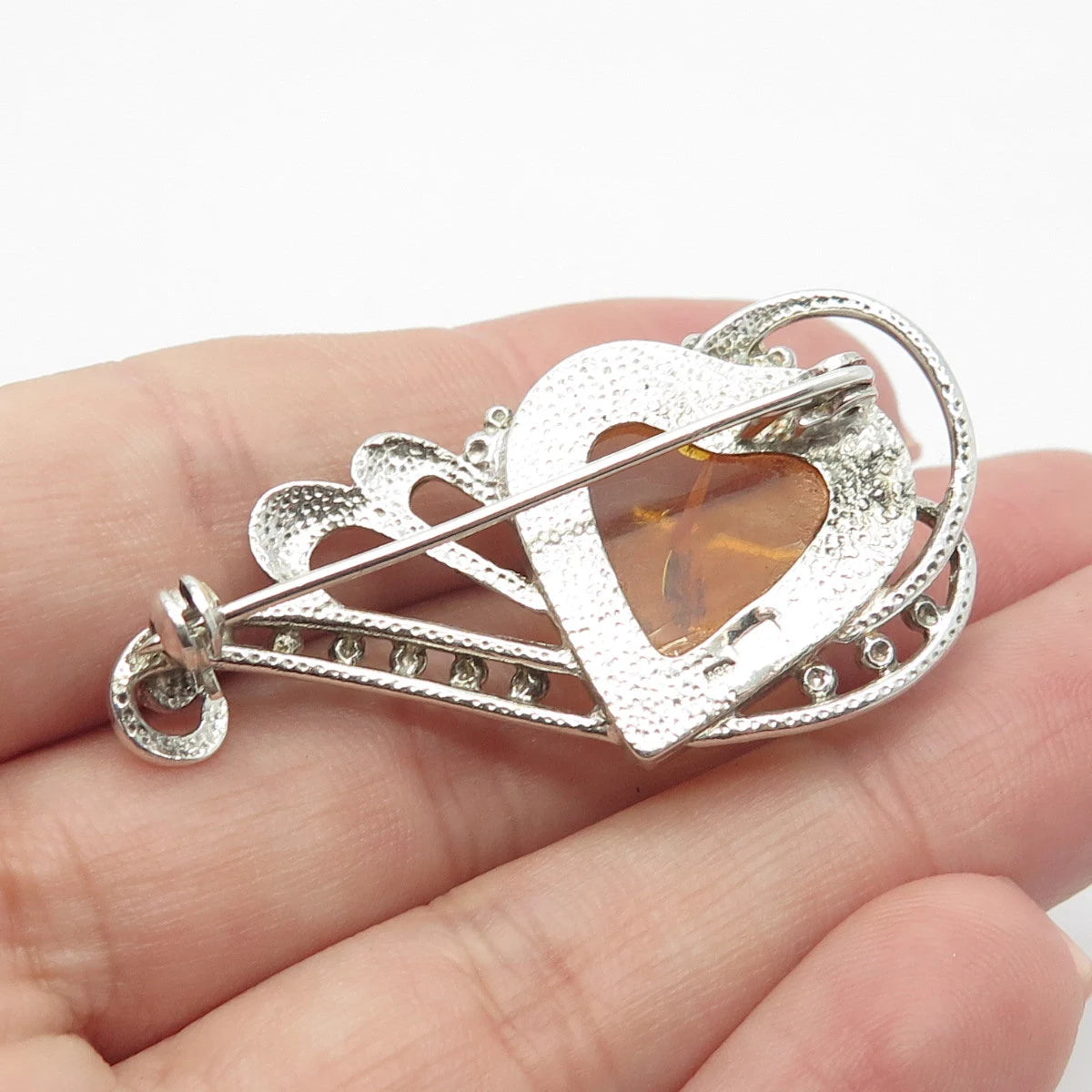 925 Sterling Silver Vintage Real Amber Beaded Heart Pin Brooch
