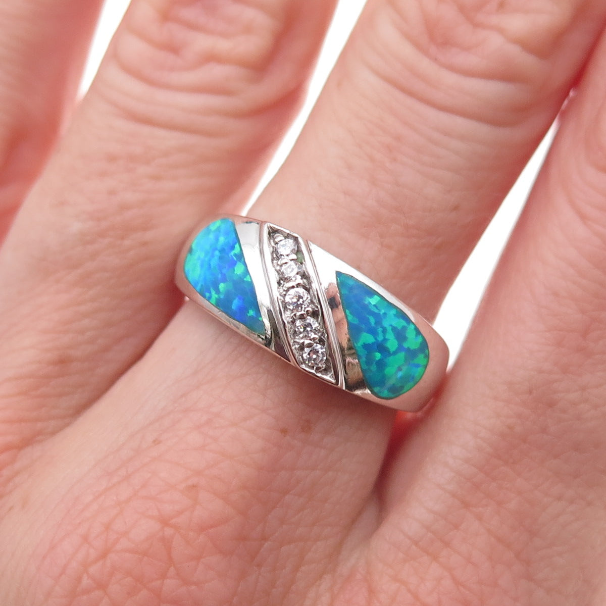 Opex 925 Sterling Silver Real Opal & Round-Cut C Z Ring Size 8