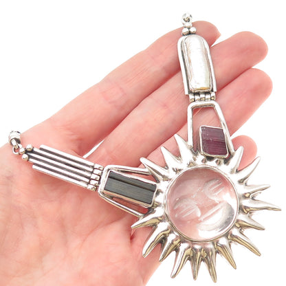 950 Silver Vintage Peru Rock Crystal Pearl & Multi-Tourmaline Sun Necklace 20"