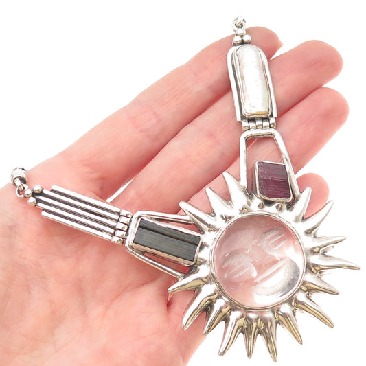 950 Silver Vintage Peru Rock Crystal Pearl & Multi-Tourmaline Sun Necklace 20"
