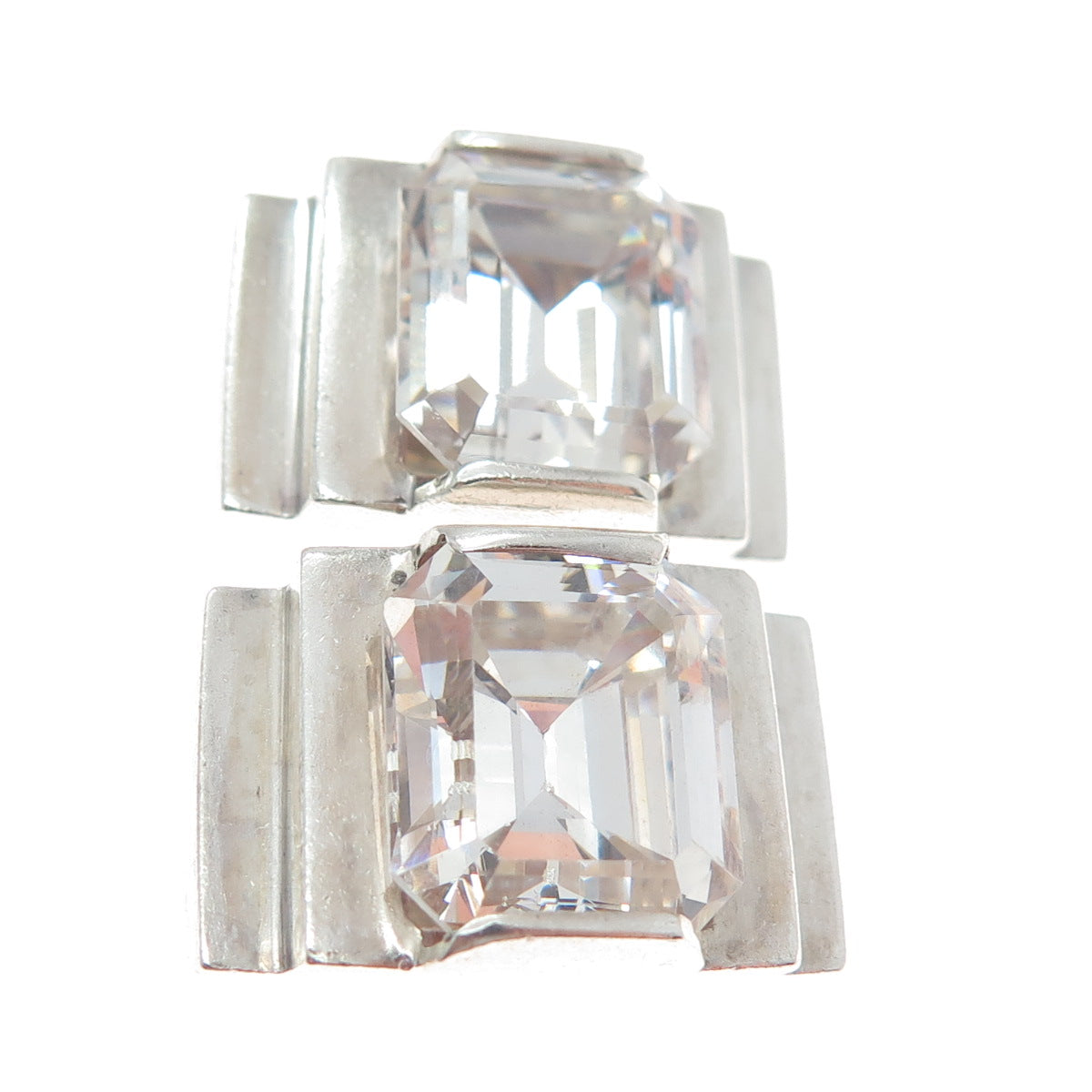 925 Sterling Silver Vintage Emerald-Cut C Z Clip On Earrings