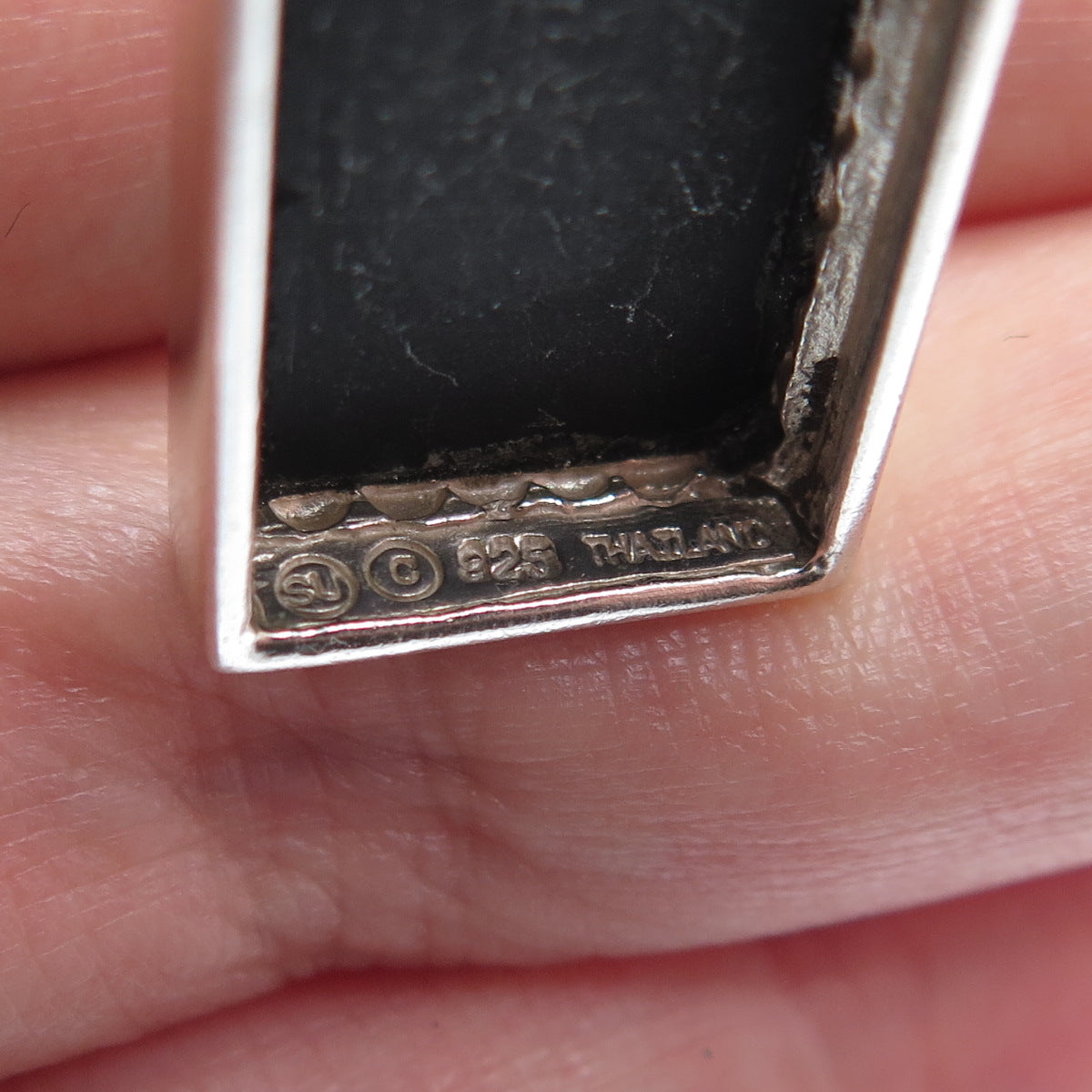 925 Sterling Silver Vintage Real Black Onyx Gemstone Bar Pendant