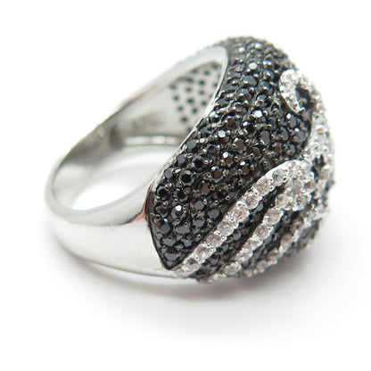 925 Sterling Silver Real Round-Cut Black Spinel & C Z Swirl Dome Ring Size 7.25