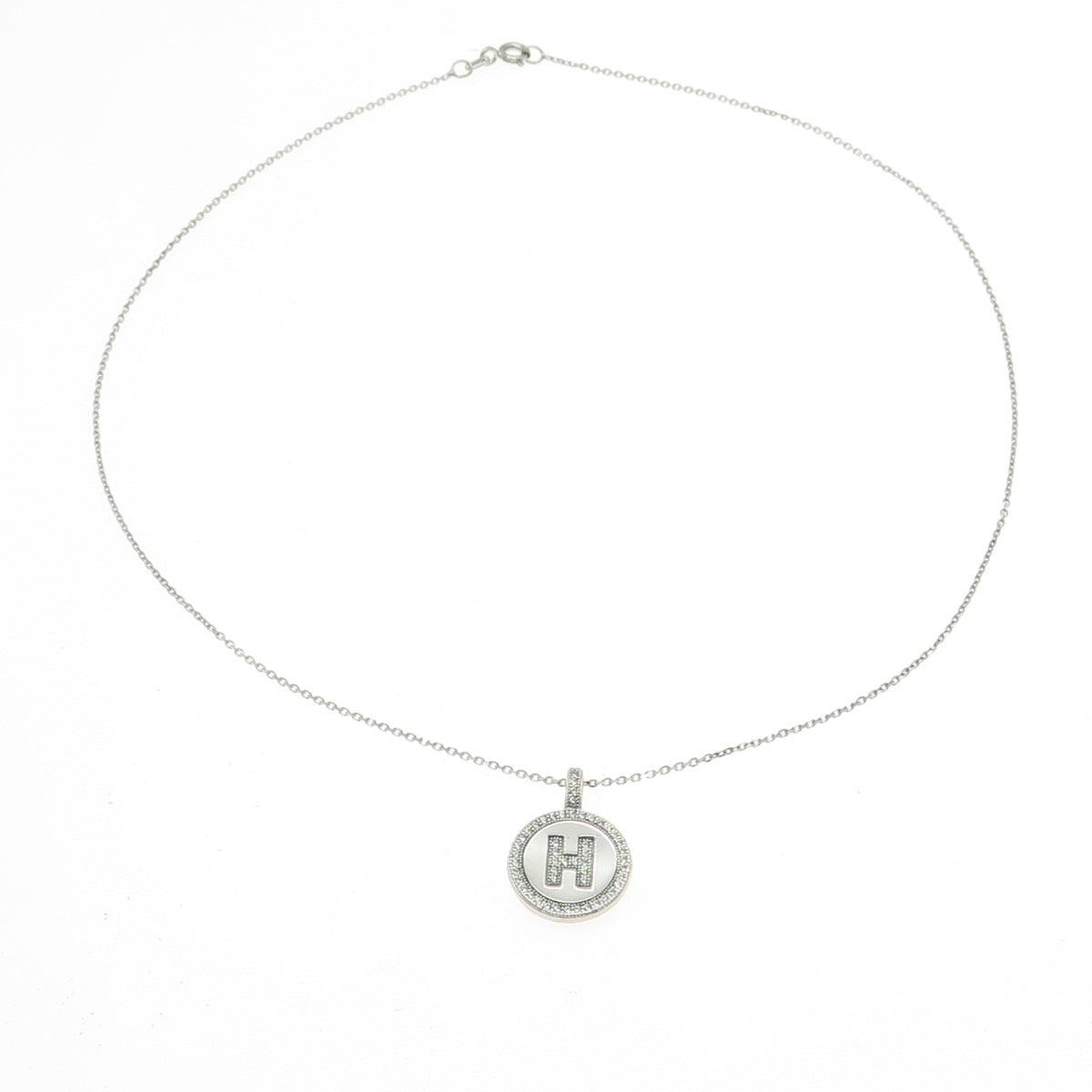 925 Sterling Silver Italy Pave C Z Letter "H" Initial Cable Chain Necklace 16"