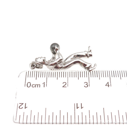 Cellini 925 Sterling Silver Vintage Faux Pearl Bowling Player 3D Charm Pendant