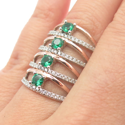 925 Sterling Silver 2-Tone Chrome Diopside & C Z Multi-Row Wide Ring Size 6