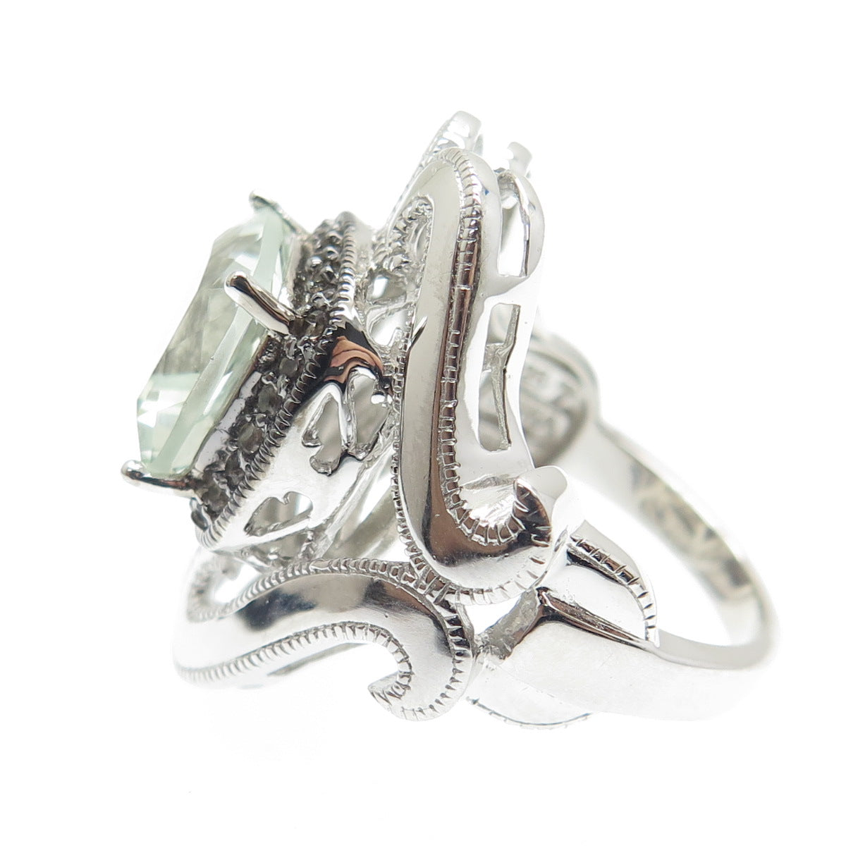 925 Sterling Silver Real Round-Cut Diamond & Green Amethyst Ring Size 7.25