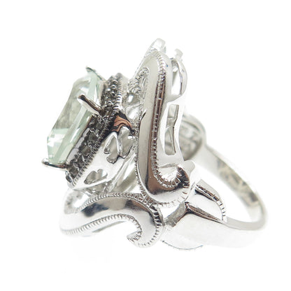 925 Sterling Silver Real Round-Cut Diamond & Green Amethyst Ring Size 7.25