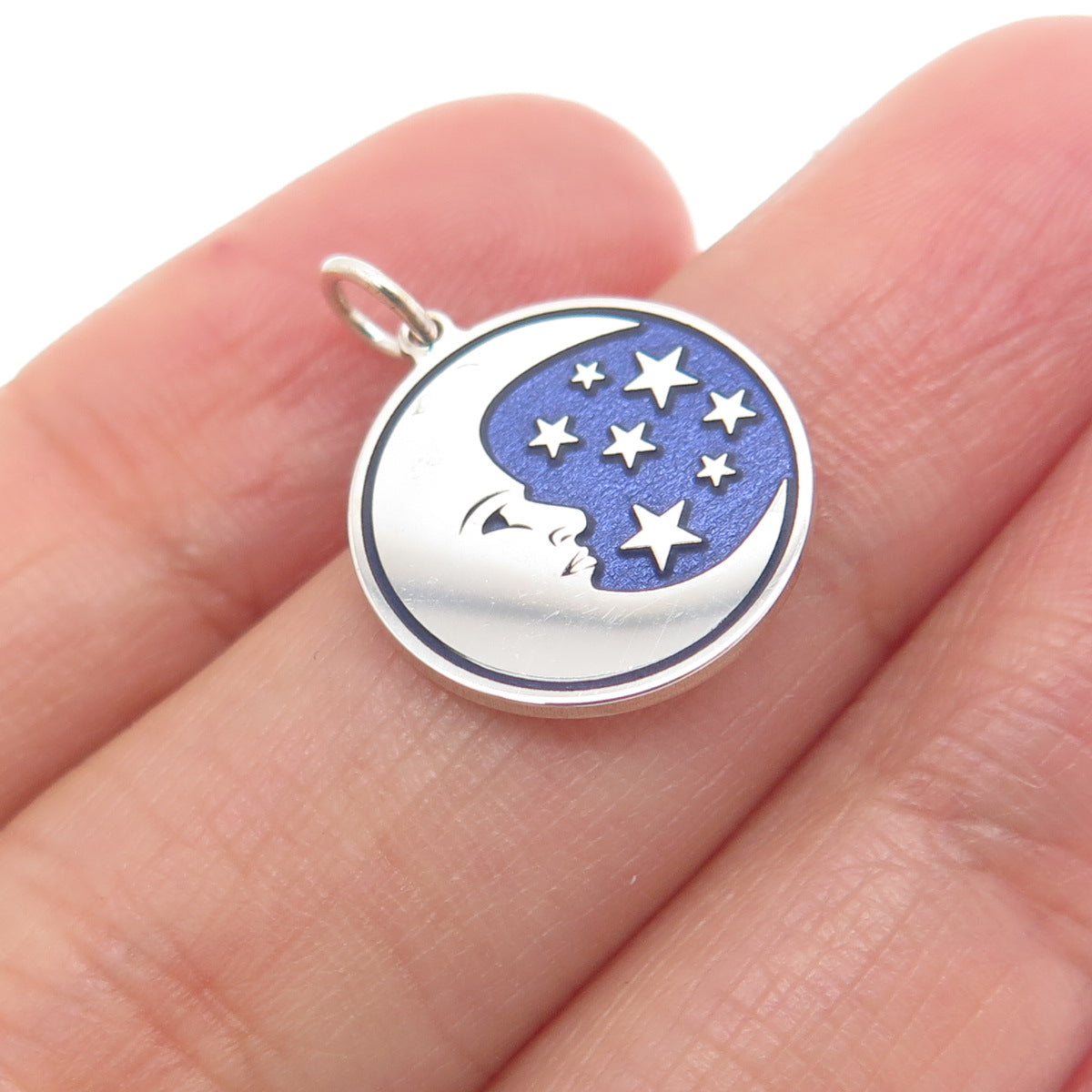 925 Sterling Silver Purple Enamel Crescent Round Tag Minimalist Charm Pendant