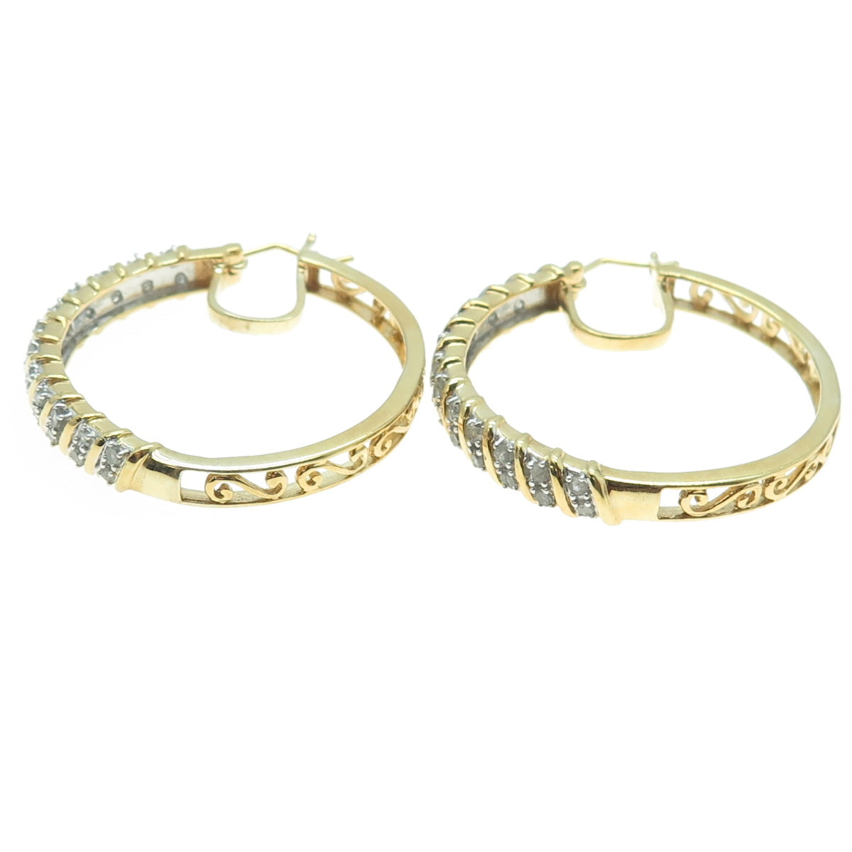 925 Sterling Silver Gold Plated Real Round-Cut Diamond Ornate Hoop Earrings