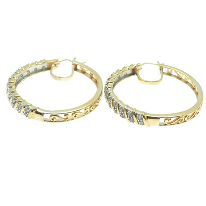 925 Sterling Silver Gold Plated Real Round-Cut Diamond Ornate Hoop Earrings