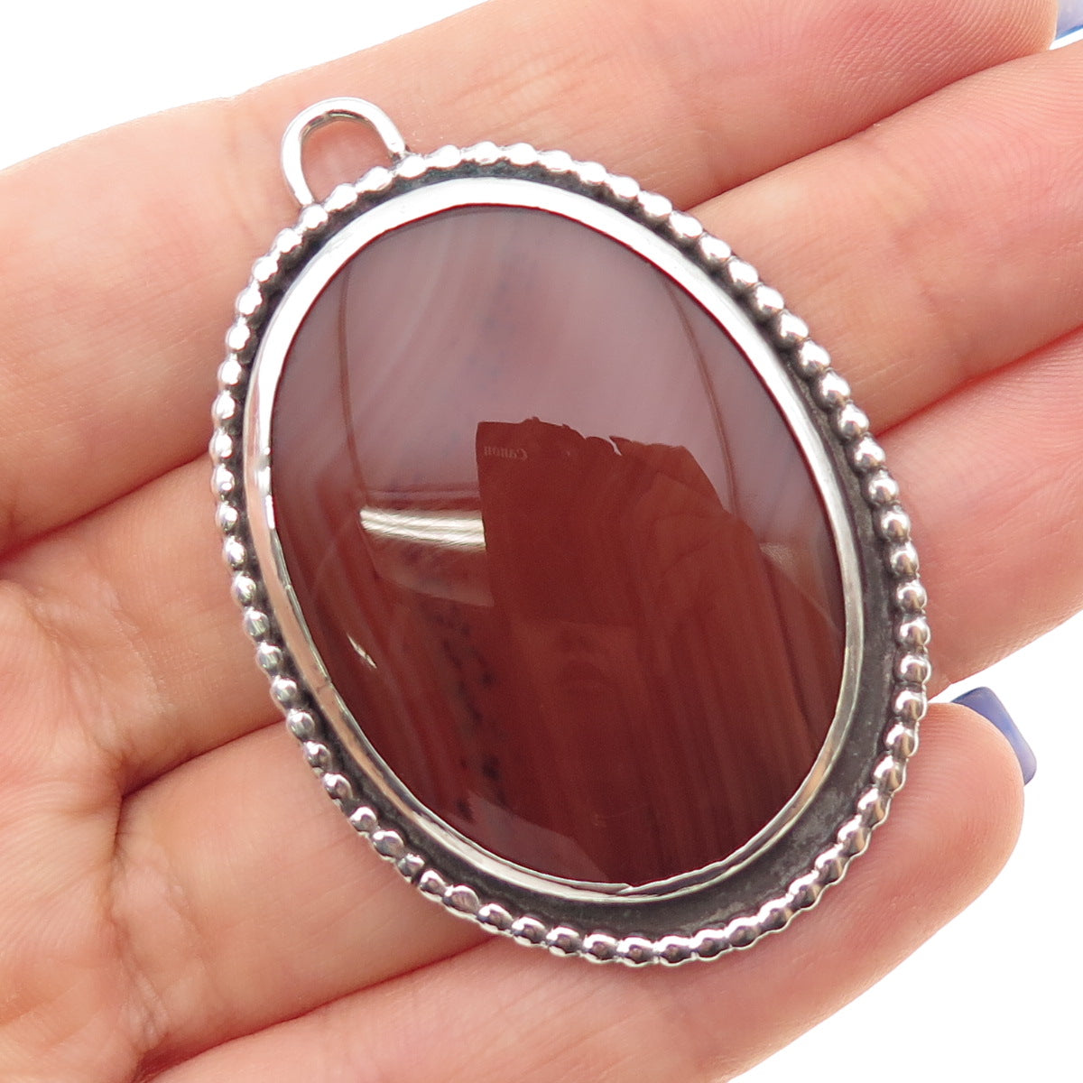 925 Sterling Silver Vintage Real Cabochon Agate Oxidized Pendant