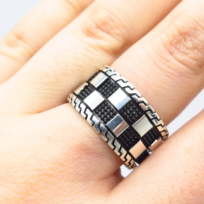 925 Sterling Silver Vintage Chessboard Band Ring Size 8.5
