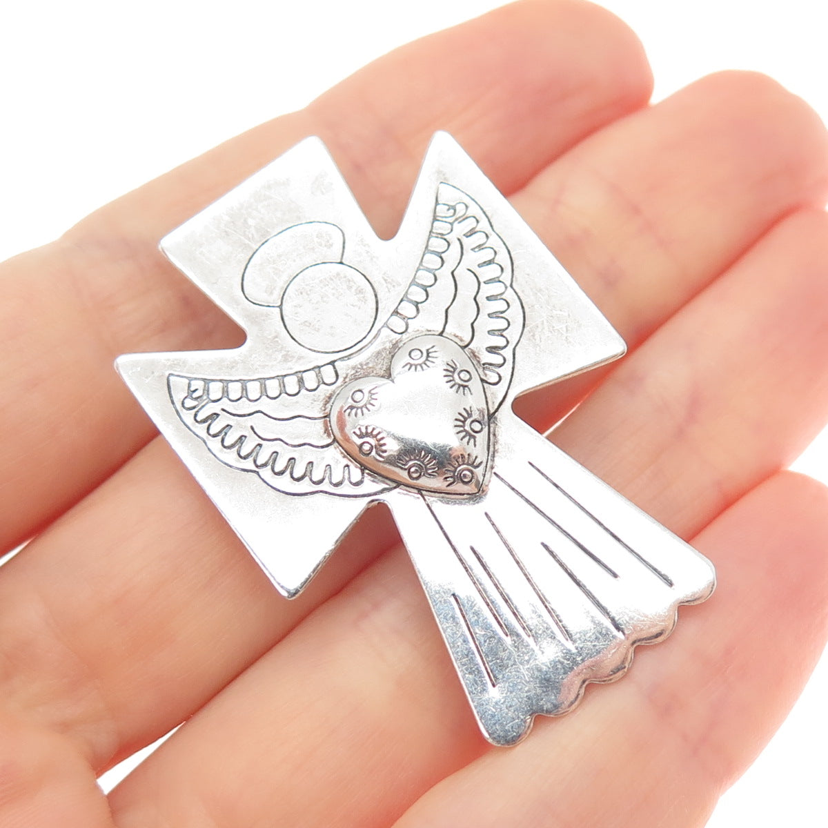 CAROLYN POLLACK 925 Sterling Silver Vintage Heart Angel Pin Brooch / Pendant