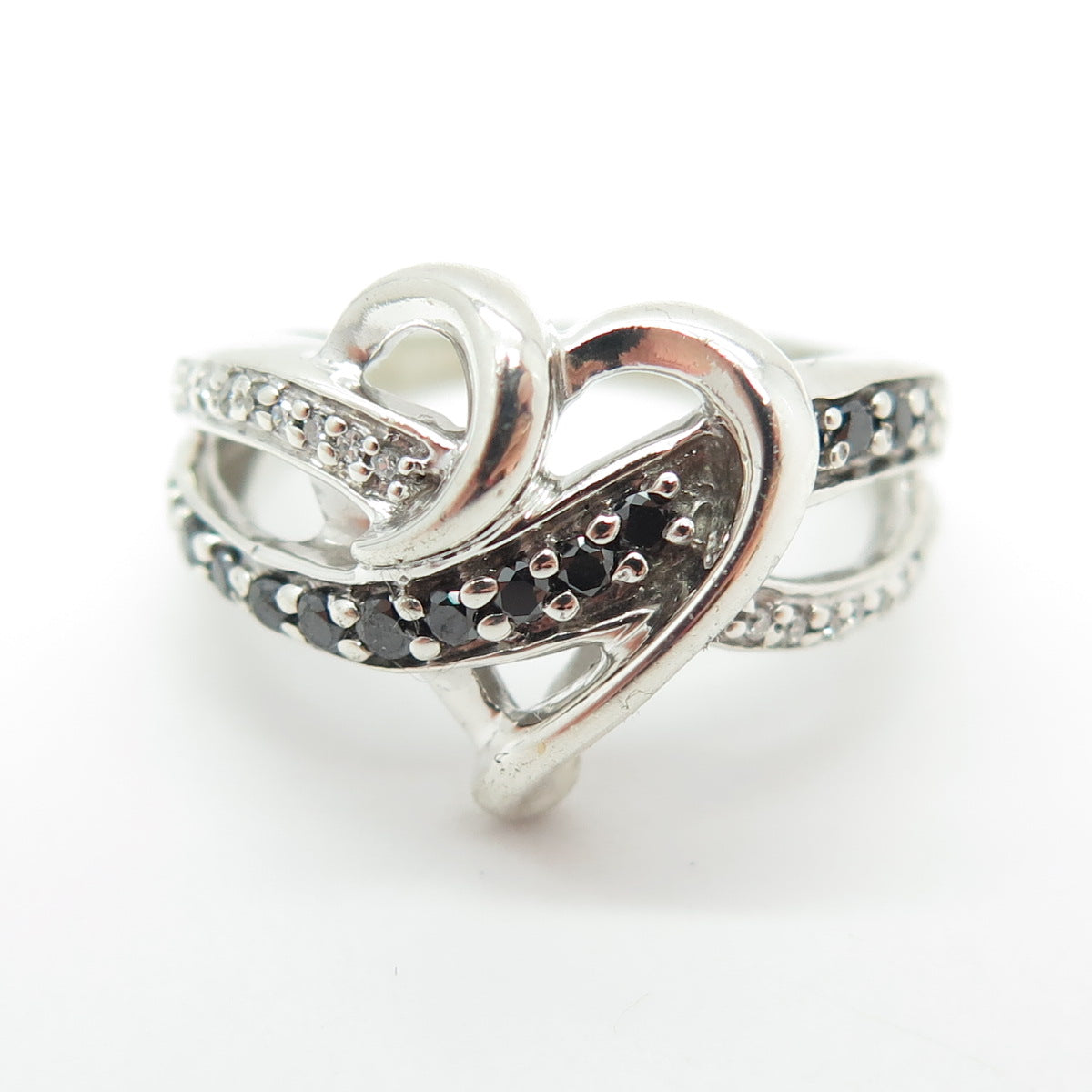 925 Sterling Silver Real Round-Cut Black & White Diamond Heart Ring Size 6